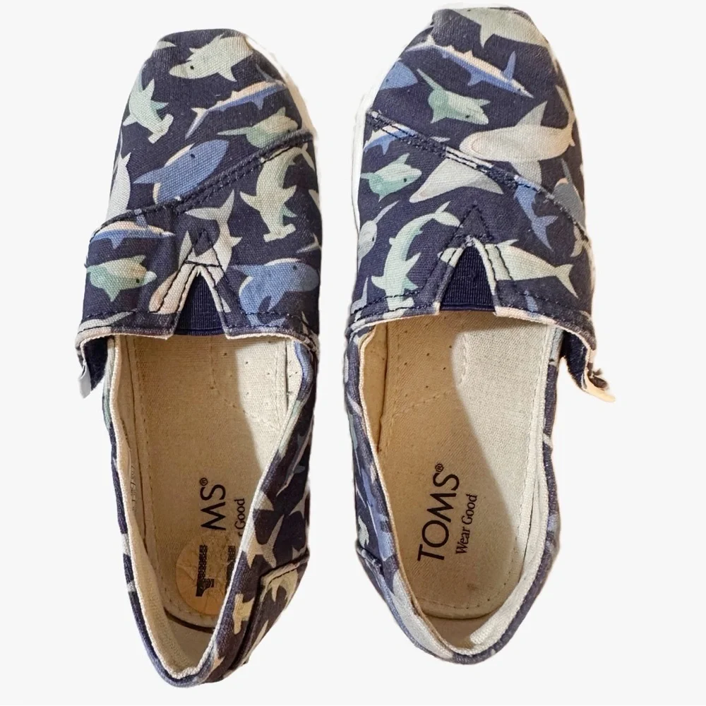 TOMS Alpargata Navy Grey Kids Shark Pattern Casual Slip On Canvas Shoes